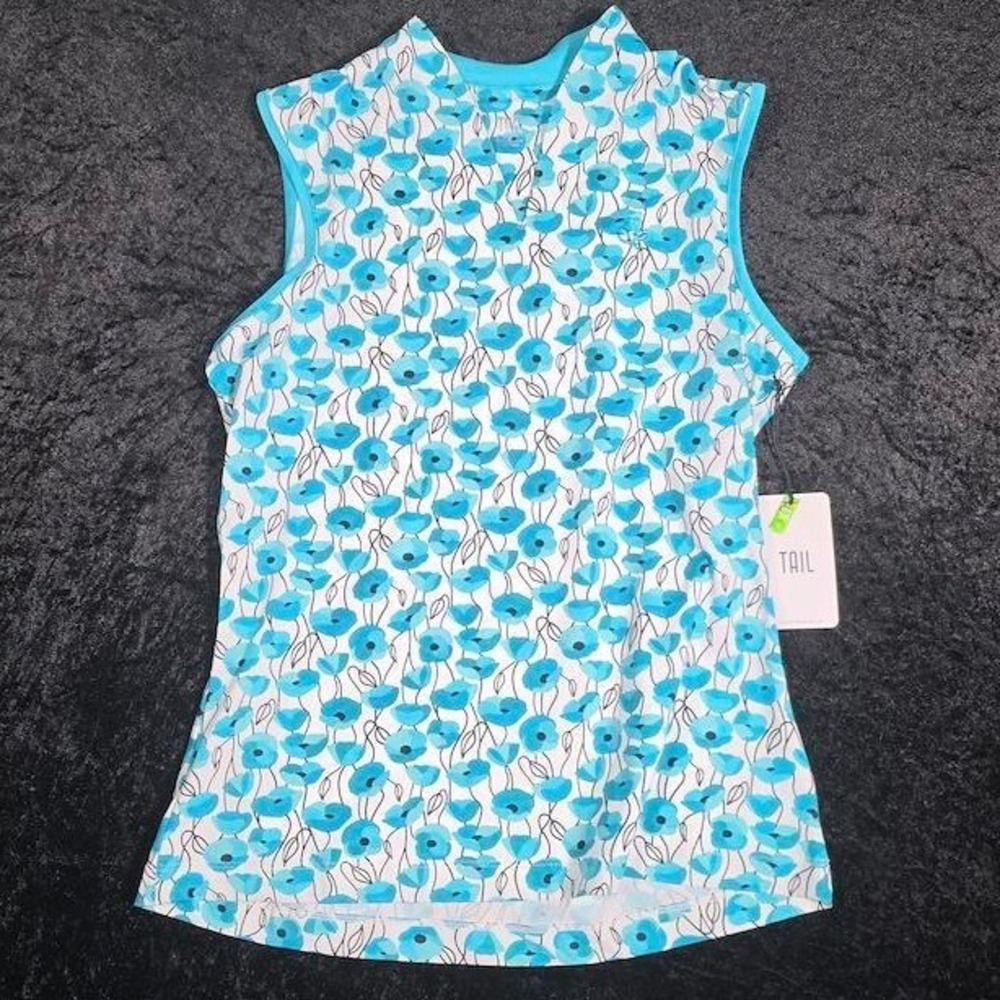 Tail Activewear Sleeveless Golf Top Blue Poppy Floral Mock Neck Zip UPF 50+ New